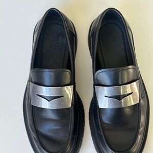 ZARA Mens Black Leather Loafers Chunky Lug Sole Metal Hardware US 10 EU 43 EUC